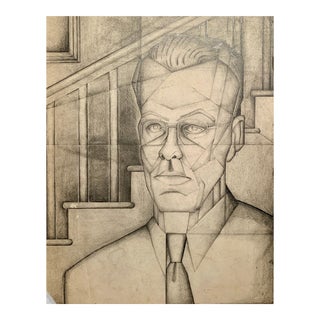 1940s Charcoal and Pencil Portrait of a Man "Tie and Glasses" For Sale