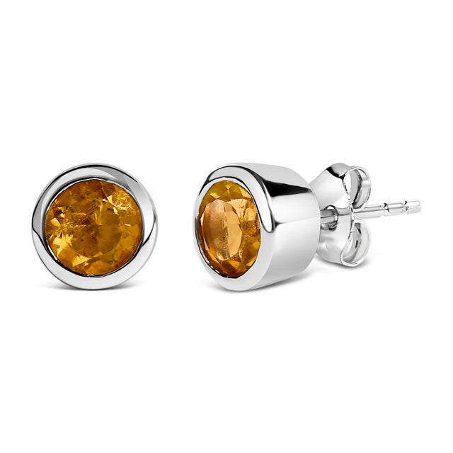 Contemporary .925 Sterling Silver 6MM Bezel Set Created Yellow Citrine Solitaire Stud Earrings, A Pair For Sale - Image 3 of 5