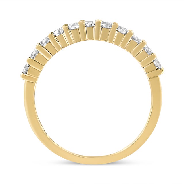 Contemporary 14K Yellow Gold Plated .925 Sterling Silver 1/2 cttw Shared Prong Set Brilliant Round-Cut Diamond 11 Stone Band Ring - Size 6 For Sale - Image 3 of 6
