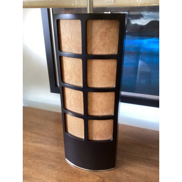Japanese Late 20th Century Asian-Inspired Espresso-Stained Wood & Parchment Grid Table Lamps With New Shades - a Pair For Sale - Image 3 of 8