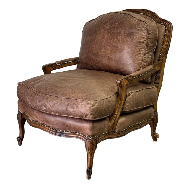 Late 20th Century Old Hickory Tannery Leather Upholstered Bergere Chair For Sale