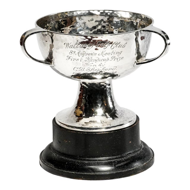 Brilliant Antique English Arts & Crafts Hammered Sterling Silver Wallasey Golf Trophy Cup Sports Man Cave Home Decor For Sale