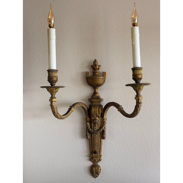 Late 19th Century Antique French Louis XVI Style Twin-Light Wall Sconces - Gilt Bronze Ormolu Neoclassical Double Arm Wall Lights, Late 19th Century - Pair For Sale - Image 5 of 18
