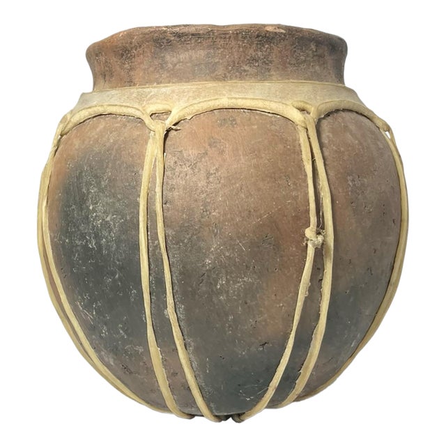 Vintage Tarahumara Clay Handmade Pottery Vase Animal Hide Sinew For Sale