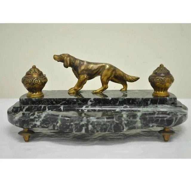 Antique French Empire Figural Bronze & Marble Hunting Dog Desk Double Inkwell For Sale - Image 11 of 11