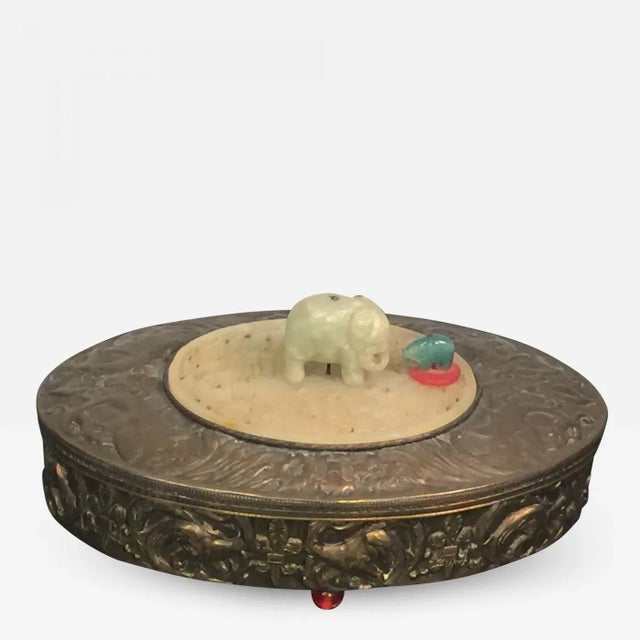 1930s Art Deco Brass Repousse Jade Elephant Oval Vanity Box For Sale - Image 11 of 11