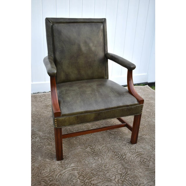 Vintage Chippendale Style Green Leather Library Chair W/Stretcher Base For Sale - Image 13 of 13