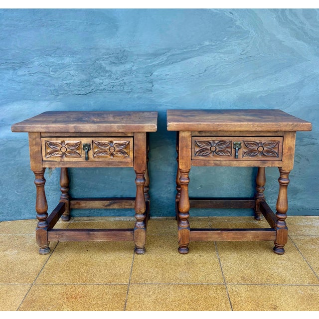 Pair of Spanish Rustic Bedside Tables With Carved Drawers, Mid-20th Century For Sale - Image 4 of 11