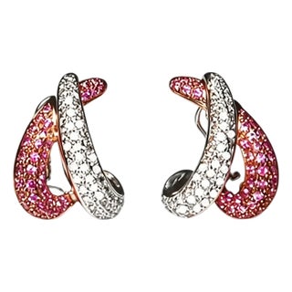 Late 20th Century 18K White Pink Rose Gold Pave Sapphire Diamond Earrings, Pair For Sale