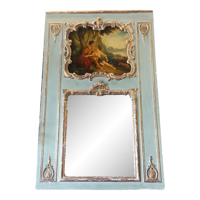 Large Mid-19th Century French Louis XV Style Trumeau Mantel Mirror With Hand-Painted Pastoral Scene For Sale
