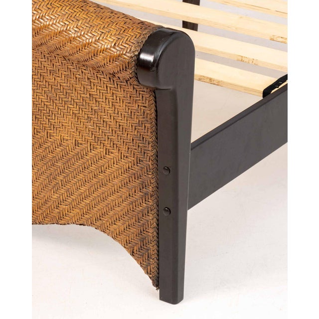 Tan Rattan and Ebonized Wood Queen Sleigh Bed Frame For Sale - Image 8 of 11