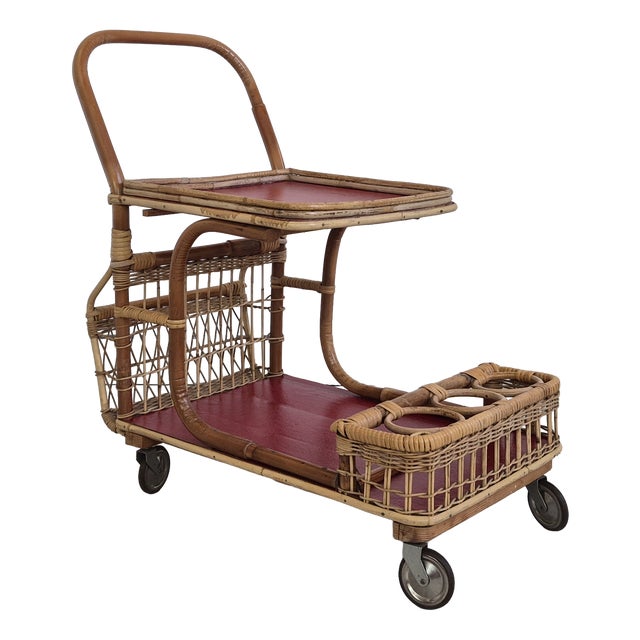 Mid-Century Modern Bar Cart in Wicker with Red Shelves, 1950s For Sale