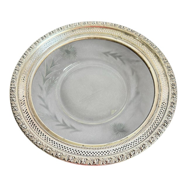 Vintage Wallace Sterling Silver Rimmed Plate Etched Cut Glass Thistle For Sale
