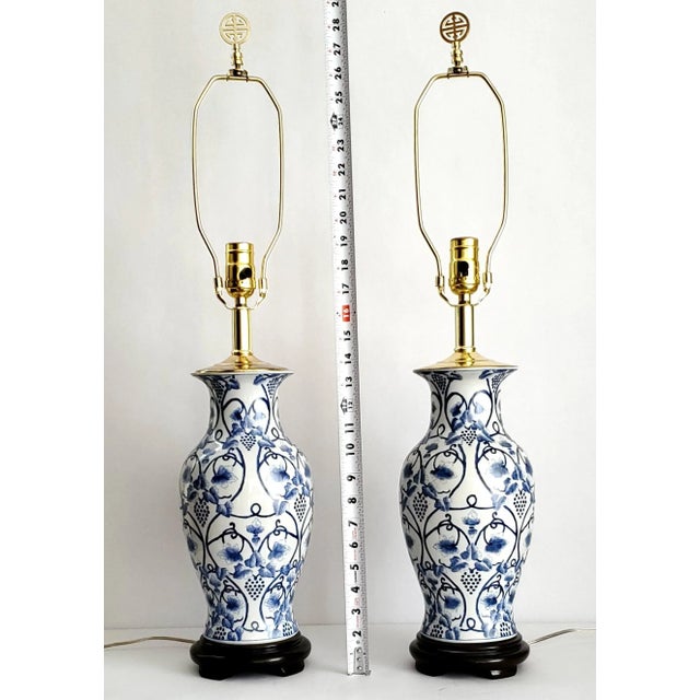 Mid 20th Century Lamp Pair Blue & White Pair Ginger Jar Style For Sale - Image 5 of 11