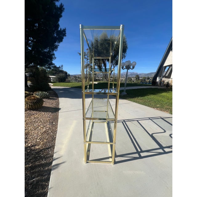 1970s Vintage Mid Century Modern Postmodern Brass Gold Etagere 5 Shelf Bookcase Wall Unit Display Case For Sale - Image 5 of 12