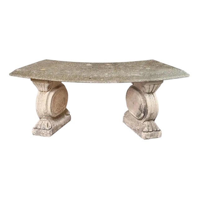 English Curved Garden Stone Bench With Scroll and Lion's Head Base Supports For Sale