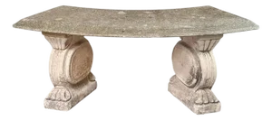 English Curved Garden Stone Bench With Scroll and Lion's Head Base Supports