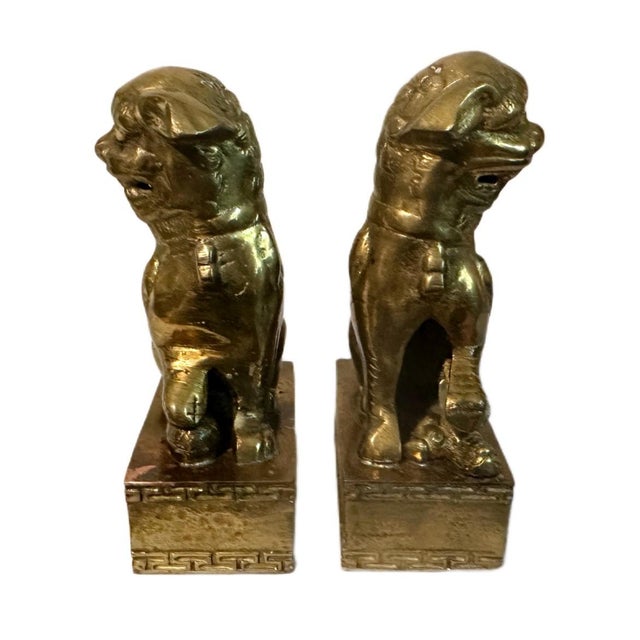 Pair of Vintage Chinese Brass Clad Temple Foo Dogs Fu Lions Figurines Bookends For Sale - Image 4 of 7