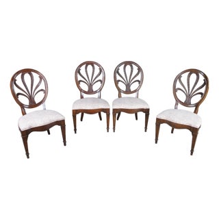 1970s 4 White Furniture Hepplewhite Style Walnut Balloon Back Plume Side Chairs For Sale