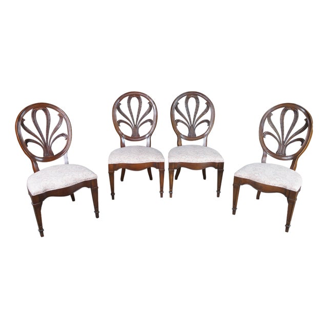 1970s 4 White Furniture Hepplewhite Style Walnut Balloon Back Plume Side Chairs For Sale