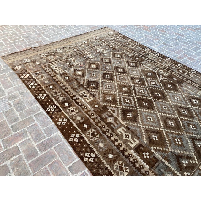 Textile Afghan Ghalmori Maimana Kilim Rug 8x14 Ft, Handwoven Brown Gray Blue Bordered Flatweave, Large Tribal Area Rug For Sale - Image 7 of 15
