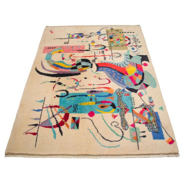 Textile 1980s Kandinsky - Accompanied Center - Inspired Hand Knotted Area - Wall Rug- 3′7″ × 5′ For Sale - Image 7 of 18