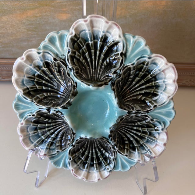 Tiffany Blue Rare Antique Fives Lille Majolica Oyster Plate - D For Sale - Image 8 of 12