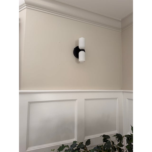 Mid-Century Modern "In Common With" Glass Up Down Wall Sconces in Black - a Pair For Sale - Image 3 of 7