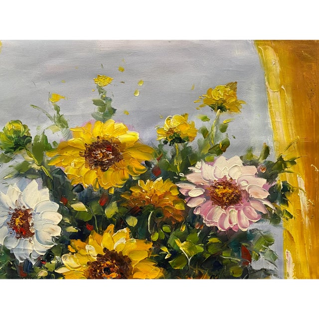Art Deco Impasto Oil Paint Canvas Art Sunflowers Bw Vase Scroll Painting For Sale - Image 3 of 6