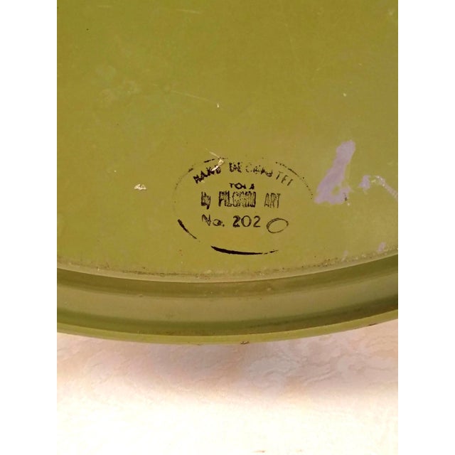 1960s Distressed Olive Green Toleware Serving Tray Vintage Pilgrim Art Hand Painted Tole For Sale - Image 5 of 7