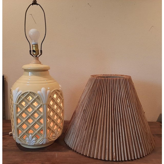 Lattice Cutout Glow Lamps Grass Cloth Shade For Sale - Image 9 of 12