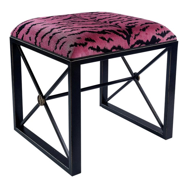 Scalamandre Maison by Port 68 Medallion Le Tigre Red Single Bench, Black Frame For Sale