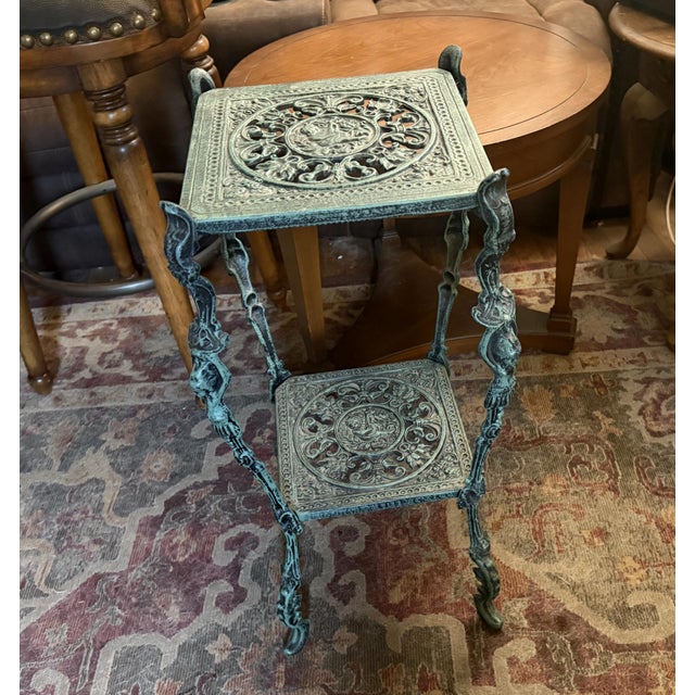 Art Deco Vintage Aluminum Figural Leg Verdigris Two Tier Plant Stand For Sale - Image 3 of 5