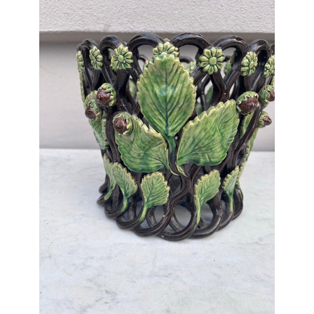 19th Century French Majolica Palissy Reticulated Cache Pot Roanne For Sale - Image 4 of 7