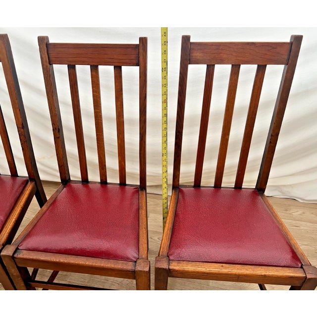 Brown Antique Craftsman Chairs Set of Four, Spindle Back Solid Oak, Maroon Vinyl Seats For Sale - Image 8 of 10