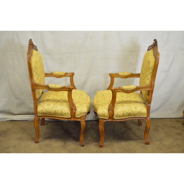 French Custom Upholstered Solid Walnut Louis XV Style Arm Chairs - a Pair For Sale - Image 3 of 10