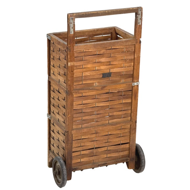 Early 20th Century Antique 1910s Woven Splint Wood Rolling Cart Utility Basket / Wheeled Shopping Trolley For Sale - Image 5 of 18