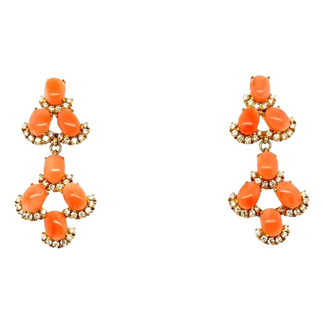 Vintage Coral and Diamond Drop Earrings, Pair For Sale