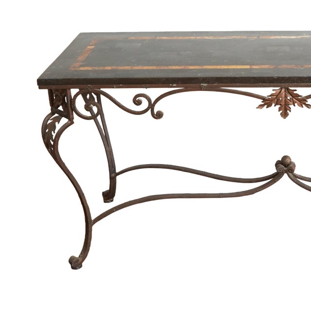 Italian Wrought Iron Framed Laminated Marble-Design Wood Console / Entry Table For Sale In New York - Image 6 of 9