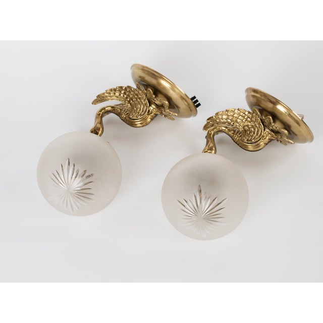 1950s 1950s Spanish Empire Chased Brass Swan Wall Sconces With Starburst Frosted Globes - A Pair For Sale - Image 5 of 13