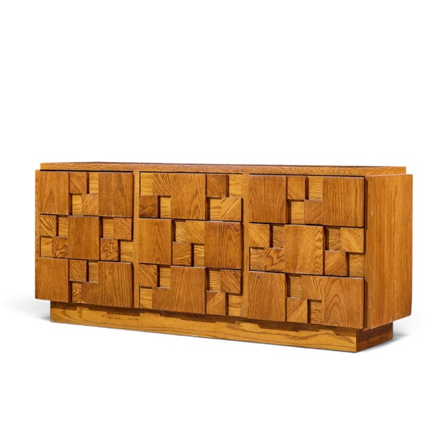 Mid-Century Modern Lane Staccato Brutalist Mid Century Oak Lowboy Dresser For Sale - Image 3 of 8