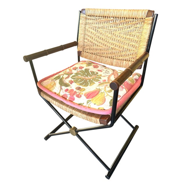 Metal Set/4 French Jute Raffia Woven Directors Chairs For Sale - Image 7 of 12