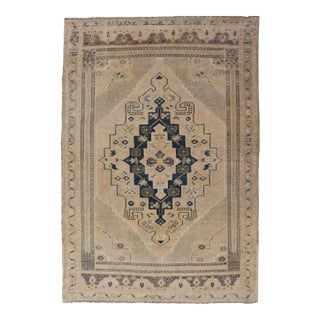 Vintage Turkish Oushak Rug With Beige and Navy Blue Geometric Medallion 3'5 X 5'2 For Sale