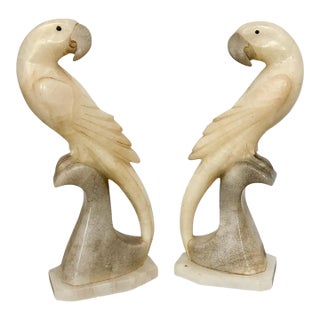 Pair Italian Alabaster Parrot Bird Sculptures - Mid Century For Sale