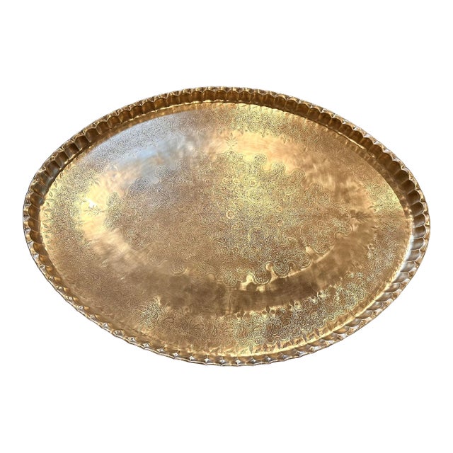 Early 20th Century XL Moroccan Solid Brass Etched Table Top Tray For Sale