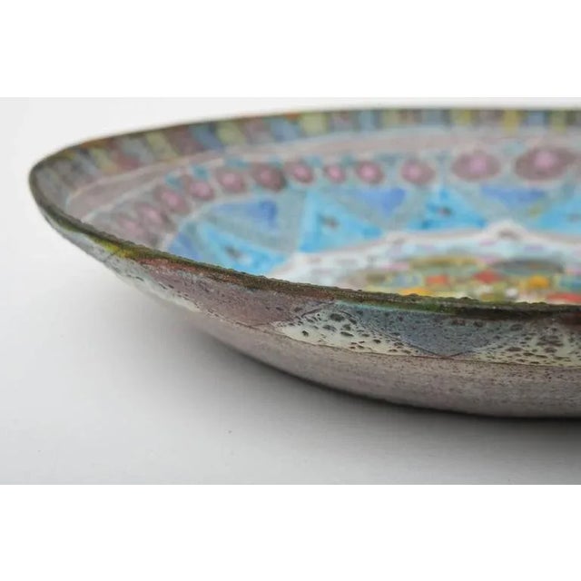 Mid Century Modern Fantoni Style Salt Glaze Textural Ceramic Bowl Turquoise, Purple, Blue, Italy For Sale - Image 9 of 10