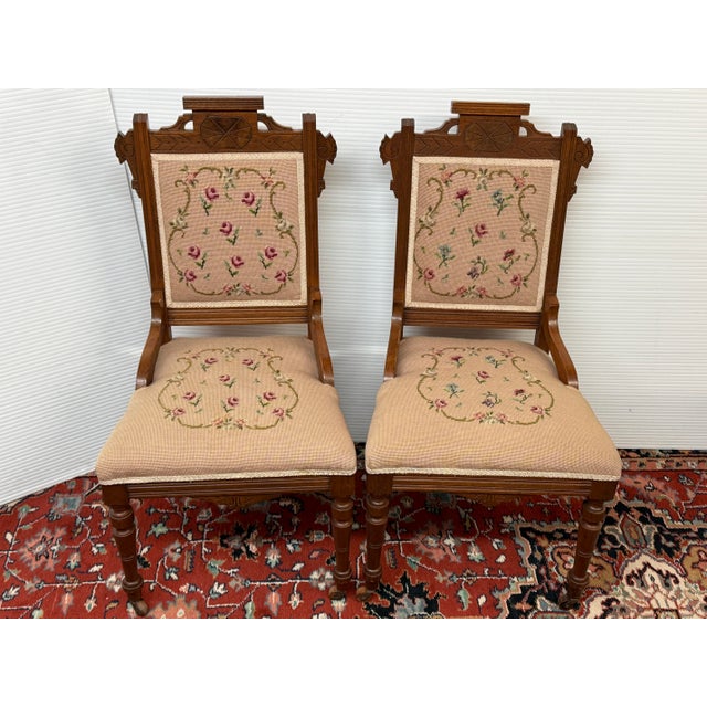 Victorian Victorian Eastlake Needlepoint Parlor Side Chairs, Pair For Sale - Image 3 of 13
