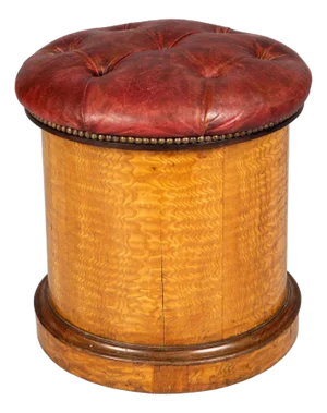 19th Century Round Satinwood Stool With Red Leather Seat