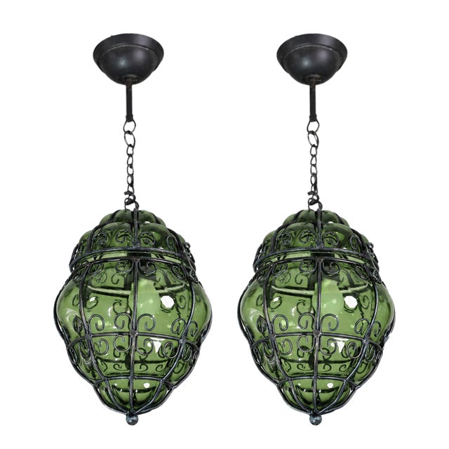 1970s Wonderful Green Colour Venetian Lantern, Seguso Murano Glass - Set of 2 For Sale