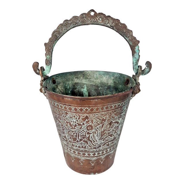 Antique Copper Bucket Lion Mounts Indian Kashmir Mughal Warrior Horses Verdigris For Sale
